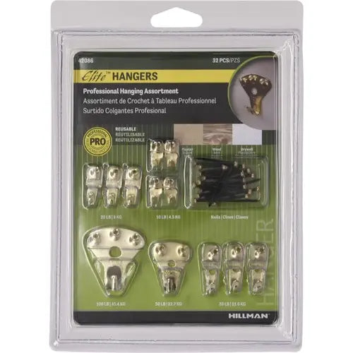 Hillman Elite Brass-Plated Classic Picture Hanging Set, 10 lb Capacity, 32-Piece