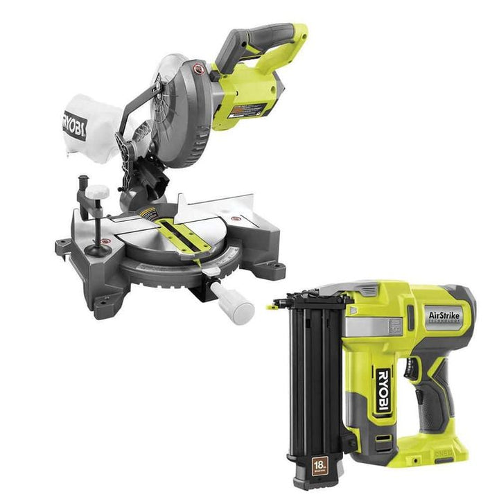 18-Volt ONE+ Lithium-Ion Cordless 7-1/4 in. Compound Miter Saw and AirStrike 18-Gauge Brad Nailer (Tools Only)
