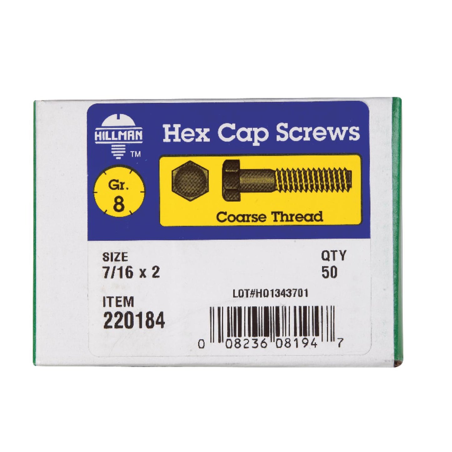 Hillman 7/16 in. Diameter x 2 in. Length Grade 8 Heat-Treated Steel Hex Head Cap Screws, Coarse Thread, 50-Pack