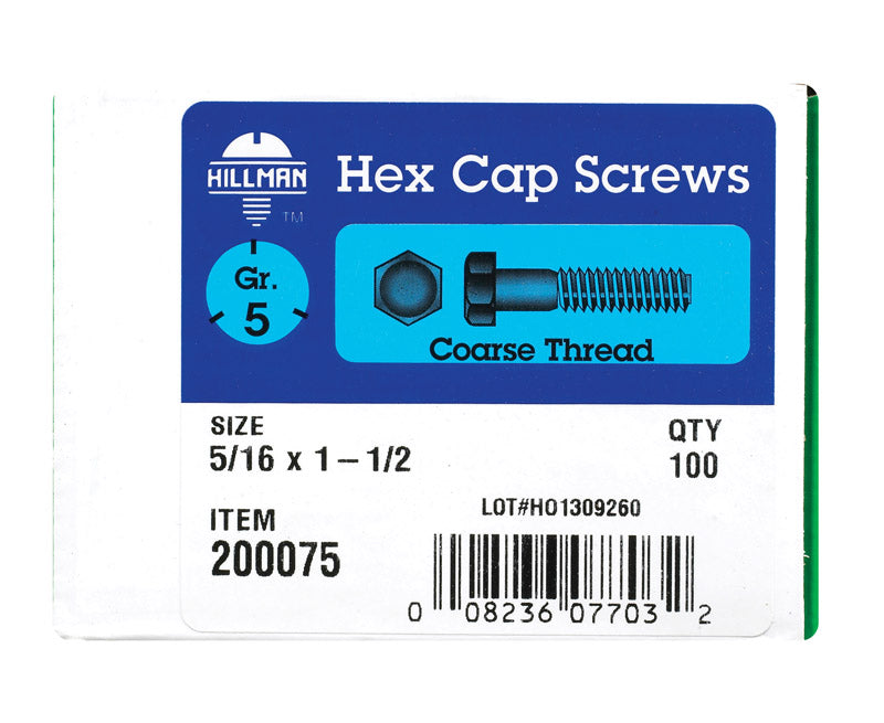 Hillman 5/16 in. x 1-1/2 in. Grade 5 Coarse Thread Heat-Treated Zinc Steel Hex Head Cap Screws, 100-Pack