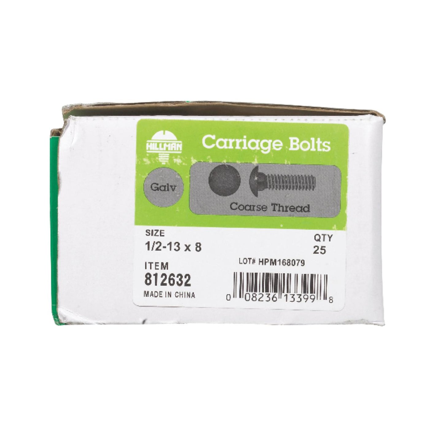 Hillman 1/2 in. x 8 in. Hot-Dipped Galvanized Steel Carriage Bolts, Coarse Thread (25-Pack)