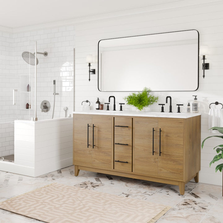 Eviva Graham 60"W x 22"D Oak Double Sink Bathroom Vanity with White Arabescato Engineered Stone Countertop and Undermount Ceramic Sinks