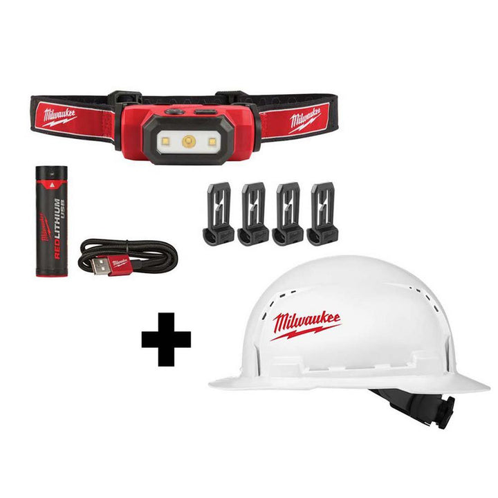 475 Lumens LED Rechargeable Hard Hat Headlamp w/BOLT White Type 1 Class C Full Brim Vented Hard Hat - Super Arbor