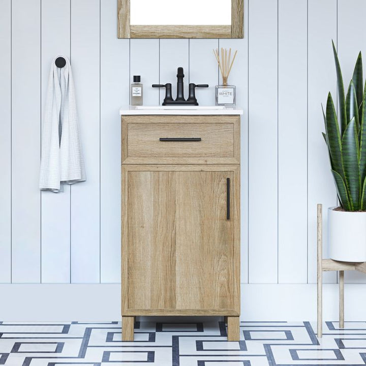 Style Selections Dolton 18-in Nature Oak Single Sink Bathroom Vanity with White Engineered Marble Top (Mirror Included)
