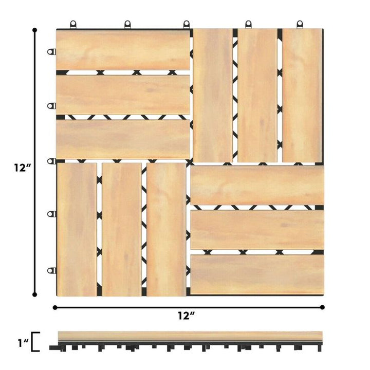 Gymax 10PCS 12'' x 12'' Acacia Wood Deck Tiles Interlocking Patio Pavers Check Pattern