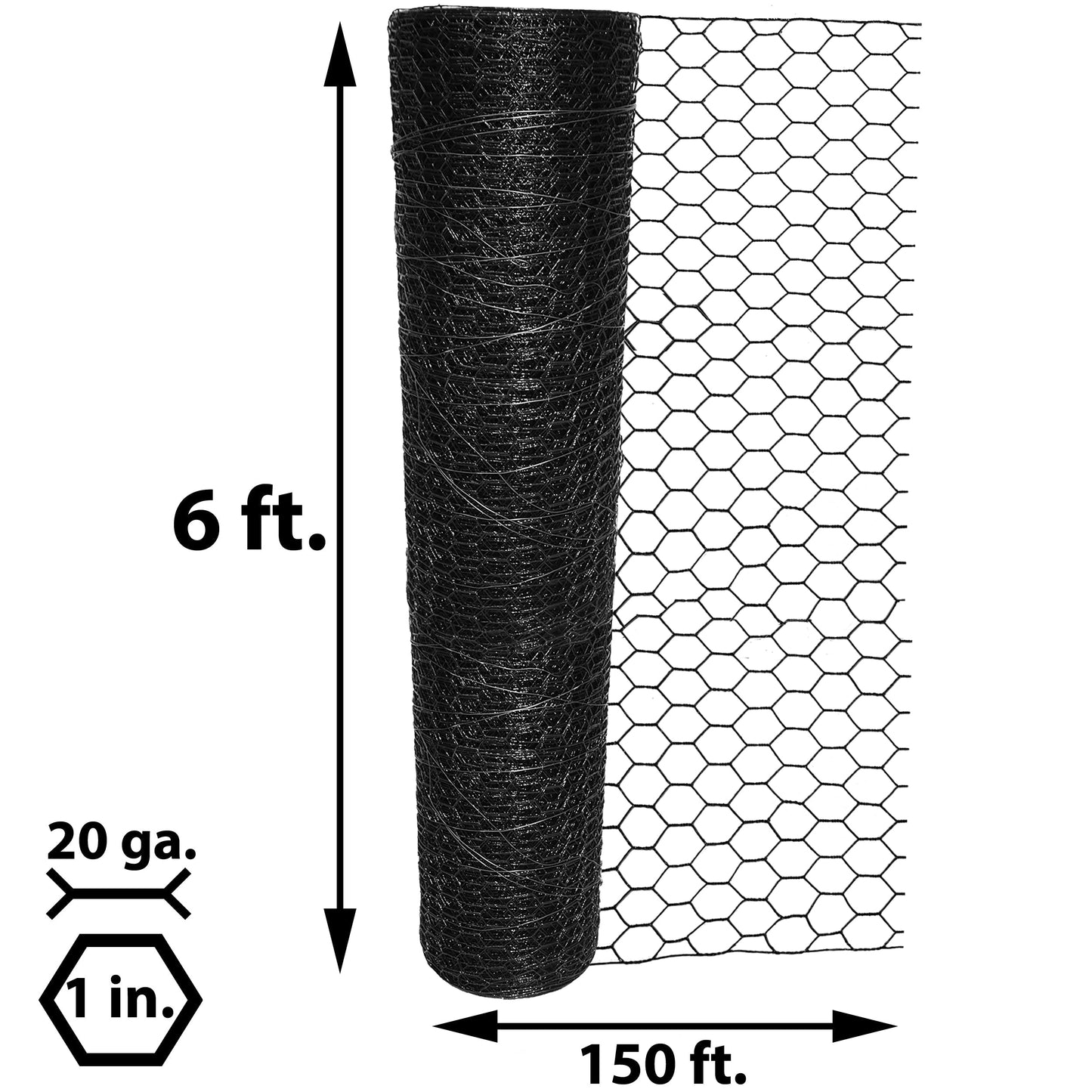 Acorn International Vinyl-Coated Steel Chicken Wire - 150 ft x 6 ft, 20-Gauge, Black