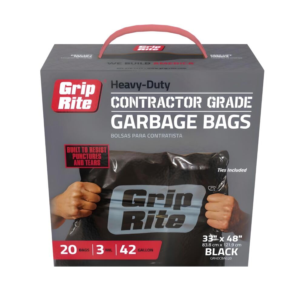 Grip-Rite Heavy Duty Contractor Garbage Bags Black 33" x 48" x 3mm 42 gal