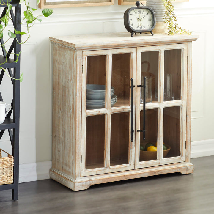 Grayson Lane Brown 1 Shelf and 2 Doors with Glass Front Panels Pine Accent Chest