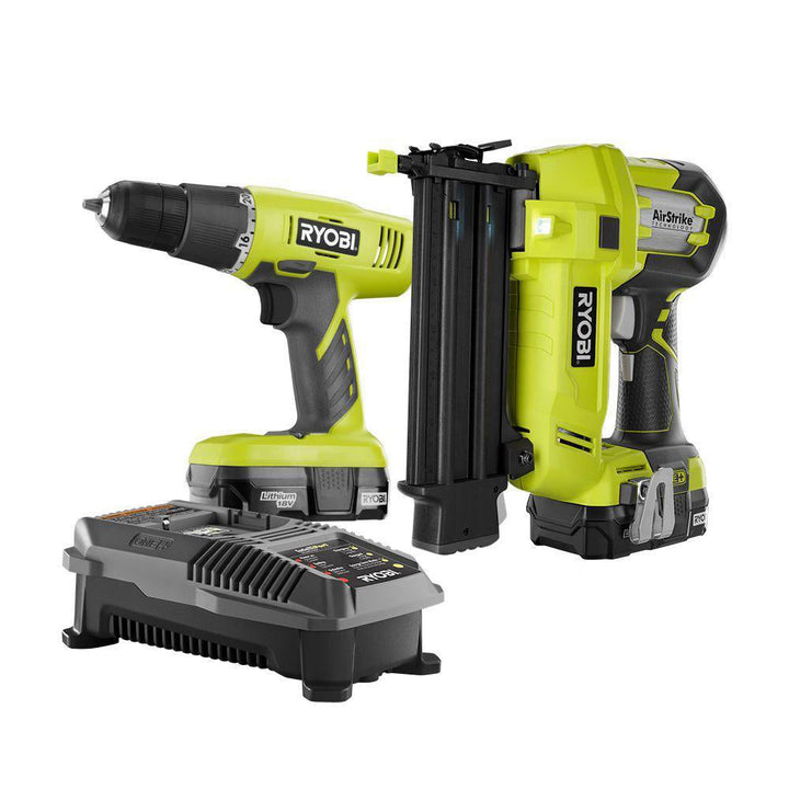 18V RYOBI ONE+ Lithium-Ion Cordless 2-Tool Combo Kit with Drill/Driver, Brad Nailer, (2) 1.3Ah Batteries, and Charger