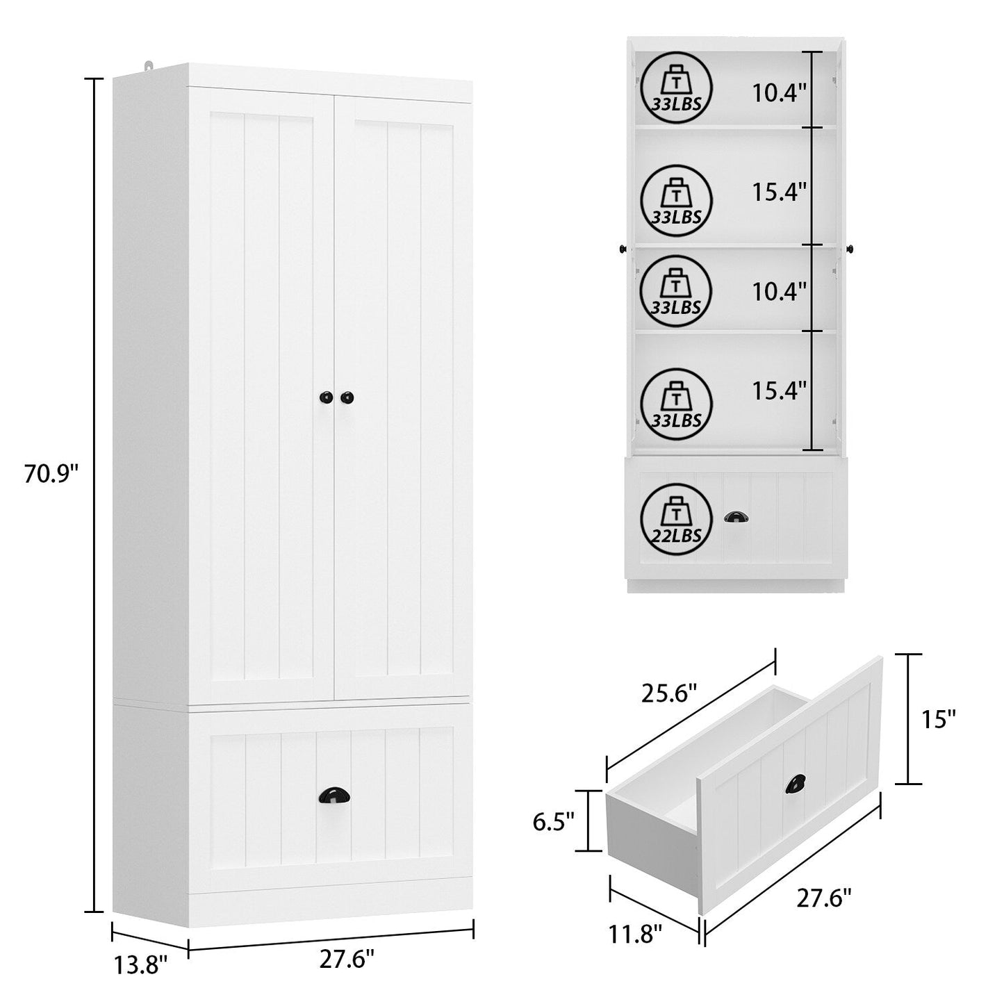 FUFU&GAGA 27.6-in W x 70.9-in H Wood Composite White Freestanding Utility Storage Cabinet