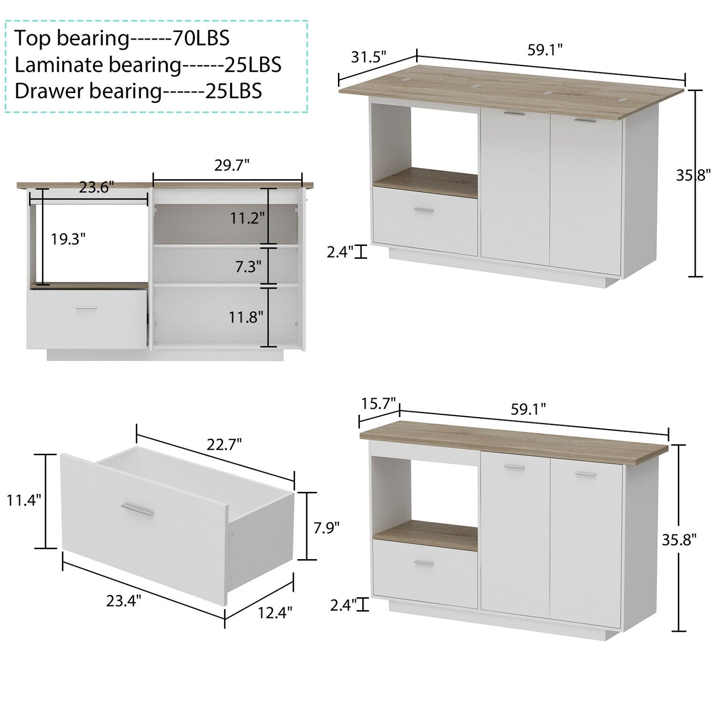FUFU&GAGA White Mdf Base with Mdf Top Kitchen Cart (31.5-in x 59.1-in x 35.8-in)