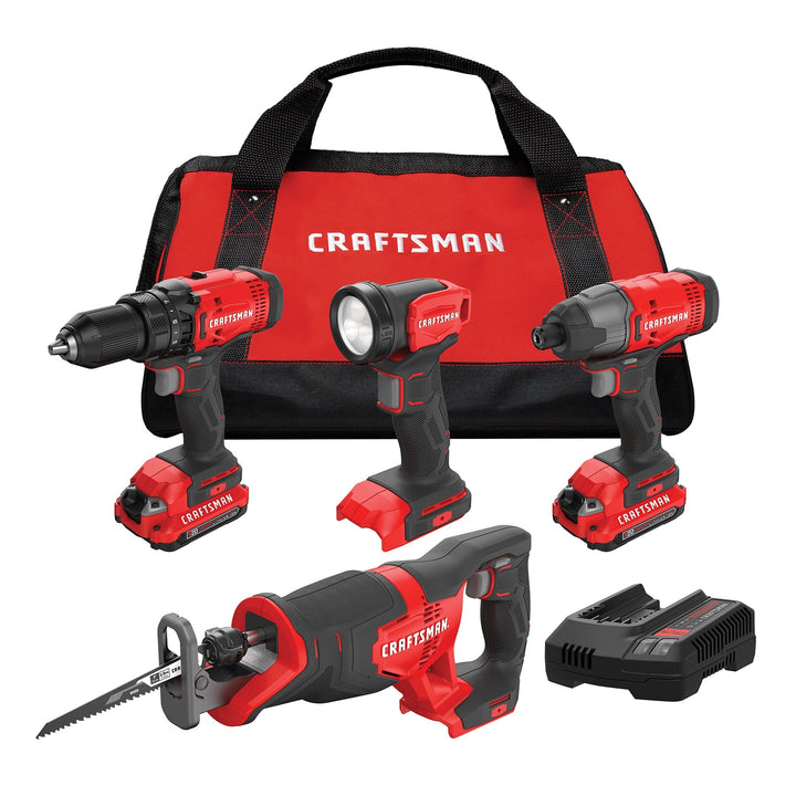 CRAFTSMAN V20 4-Tool 20-Volt Max Power Tool Combo Kit with Soft Case, Charger and 2 Batteries (Model CMCK400D2)