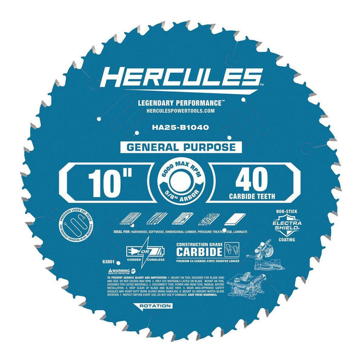Hercules 10 in., 40T General Purpose Circular Saw Blade with Electra Shield Coating