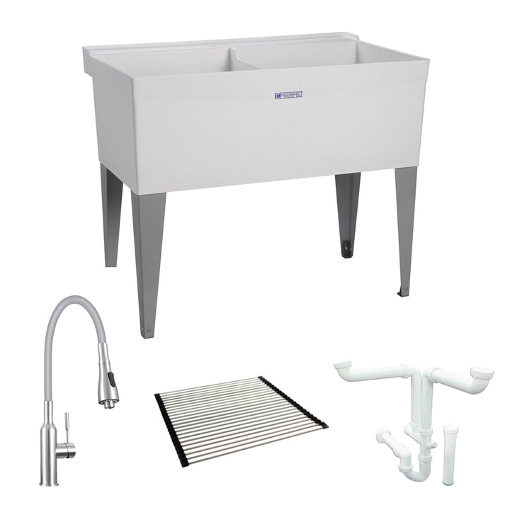 Mustee 25-in x 40-in Freestanding Two-Basin Laundry Sink with Drain and Faucet