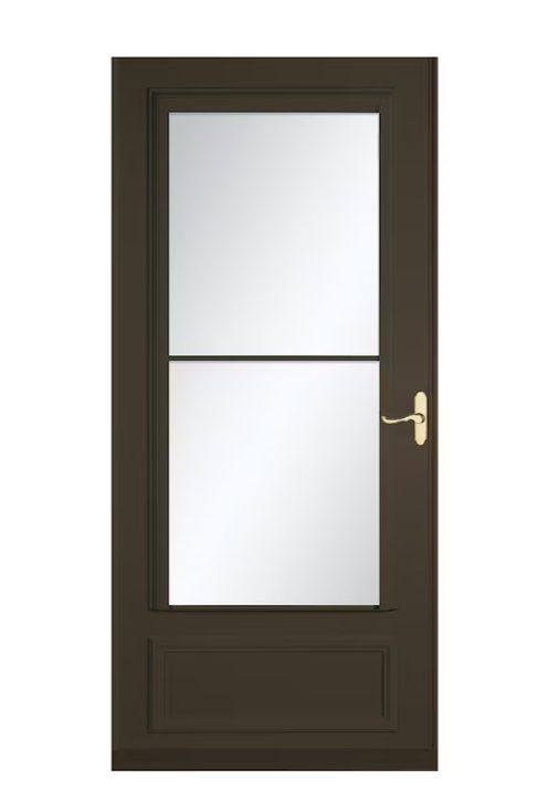 LARSON Savannah 32-in x 81-in Brown Mid-view Retractable Screen Wood Core Storm Door with Polished Brass Handle