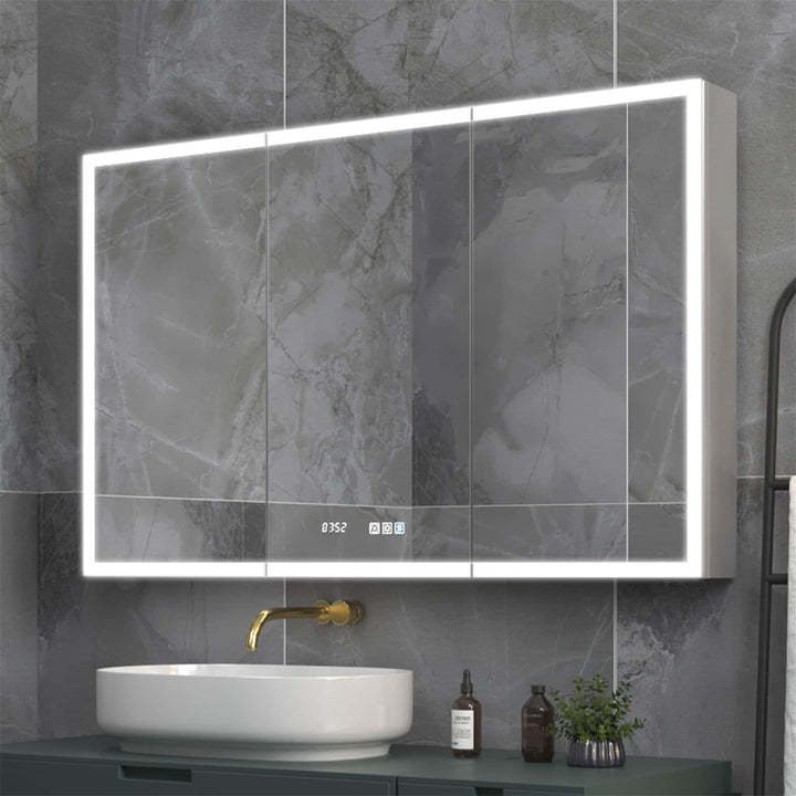 ExBrite 48-in x 30-in Lighted LED Fog Free Surface/Recessed Mount Silver Mirrored Soft Close Medicine Cabinet with Outlet