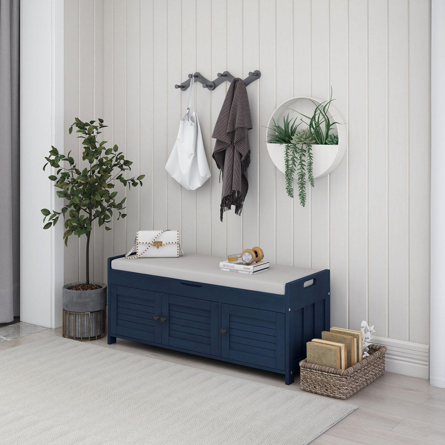 GZMR Navy Blue Storage Bench Modern Navy Blue Storage Bench 43.5-in x 16-in x 18-in