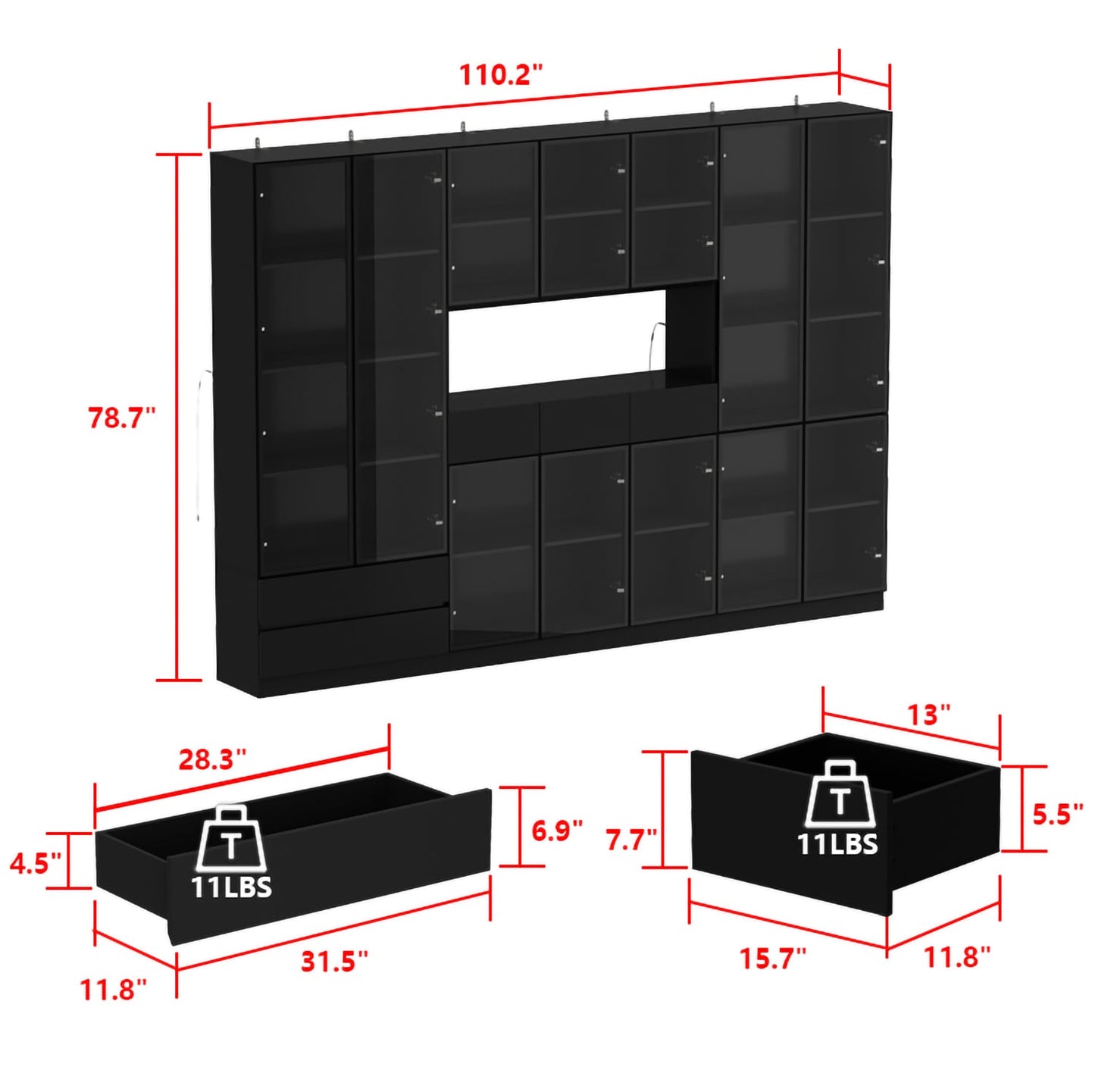 FUFU&GAGA Black Contemporary/Modern Glass Wine Cabinet with Shelves (110.2 in. W x 78.7 in. H x 14.2 in. D)