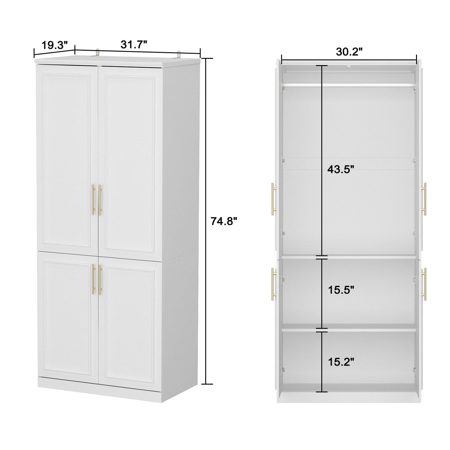 FUFU&GAGA 4-Door White Wardrobe Closet with Metal Rods and Storage Shelves - Contemporary Style Wardrobe Cabinet for Organized Clothing Storage