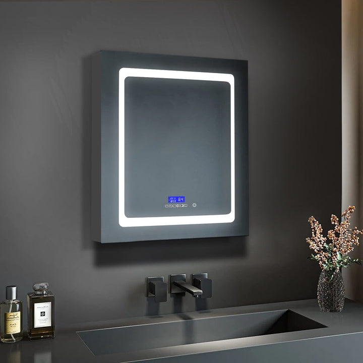 Lexora Bracciano 24-in x 32-in Lighted LED Fog Free Surface Mount Gray Mirrored Soft Close Medicine Cabinet