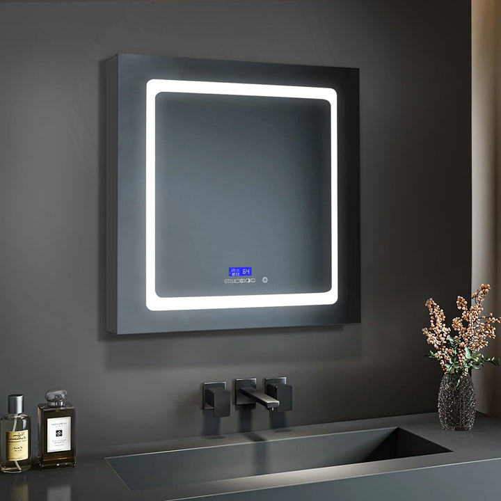 Lexora Bracciano 30-in x 32-in Lighted LED Fog Free Surface Mount Gray Mirrored Soft Close Medicine Cabinet