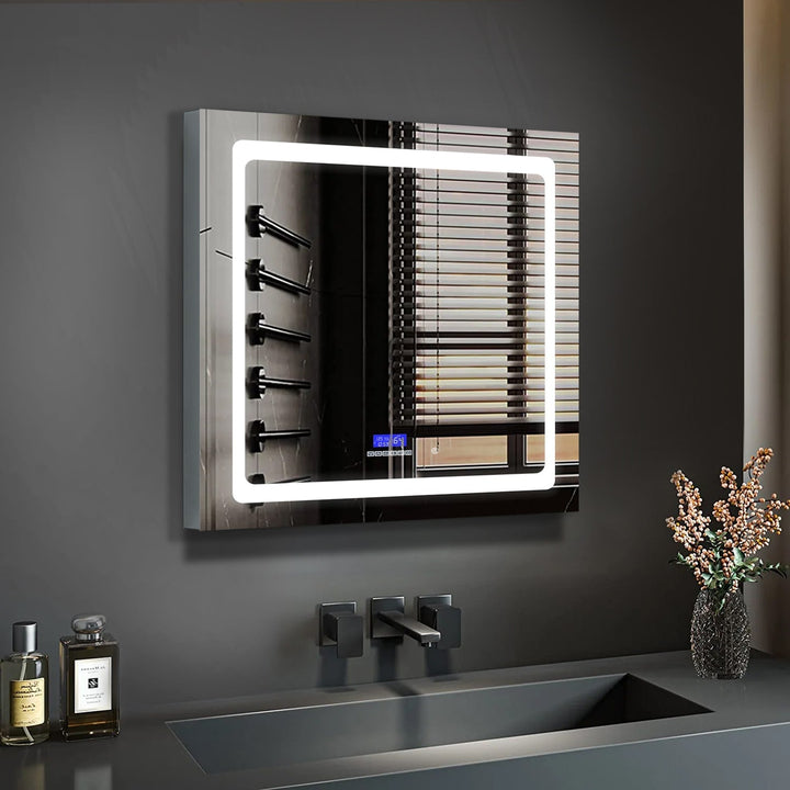 Lexora Bracciano 30-in x 36-in Lighted LED Fog Free Surface Mount Gray Mirrored Soft Close Medicine Cabinet
