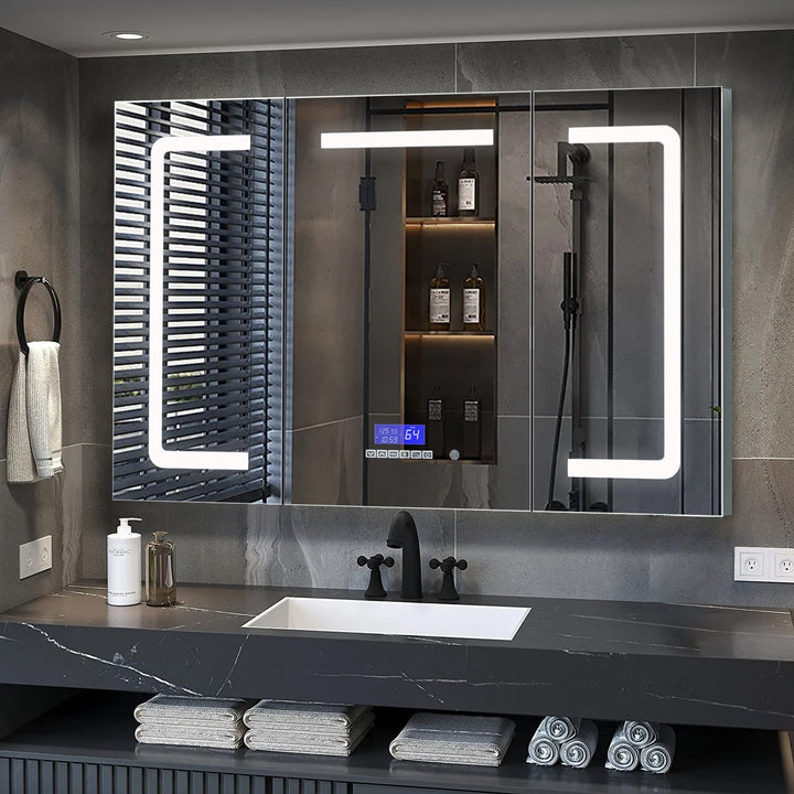 Lexora Lesina 48-in x 36-in Lighted LED Fog Free Surface Mount Gray Mirrored Soft Close Medicine Cabinet