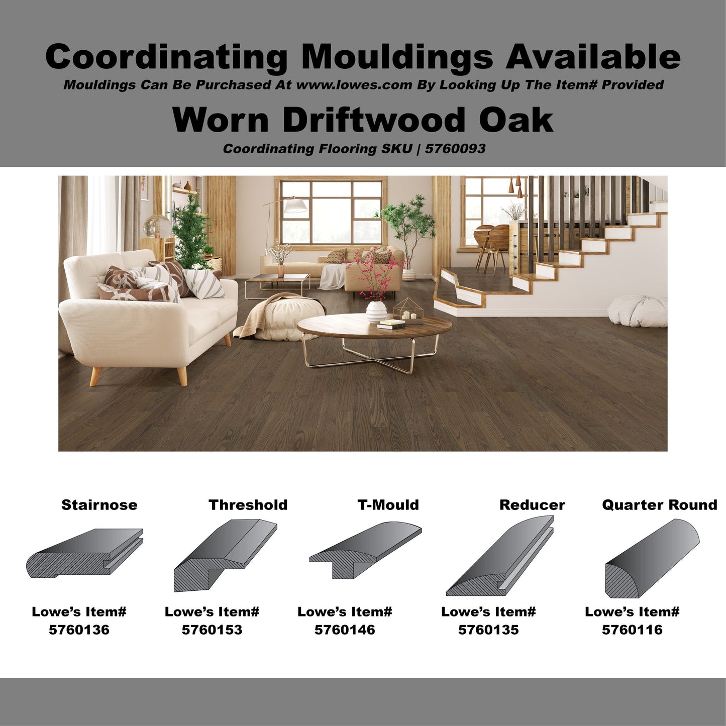 Green Leaf Oak Worn Driftwood hardwood flooring — carton and plank detail