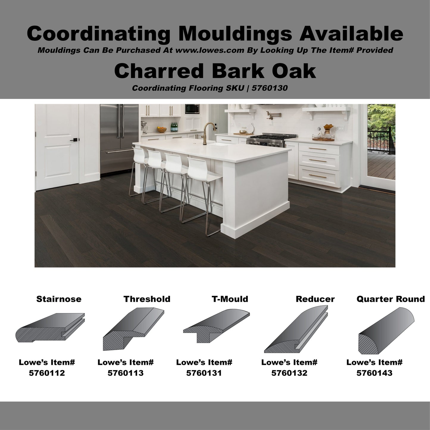Green Leaf Oak Charred Bark hardwood flooring — carton and plank detail