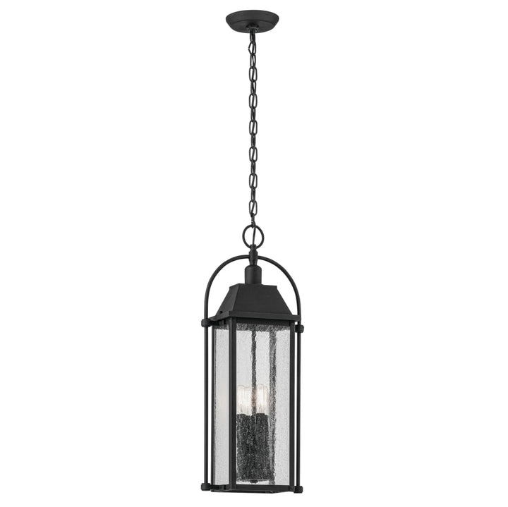 Kichler Harbor Row 4-Light Textured Black Farmhouse Seeded Glass Lantern Led, Medium Indoor/Outdoor Hanging Pendant Light