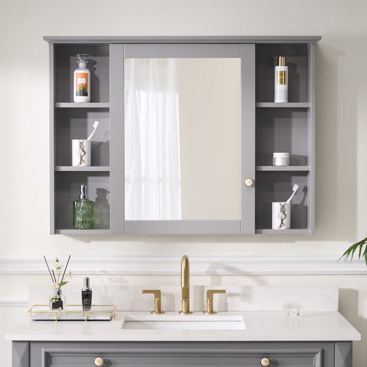 WELLFOR ART Solid Wood 42-in x 30-in Surface Mount Gray Mirrored Soft Close Medicine Cabinet