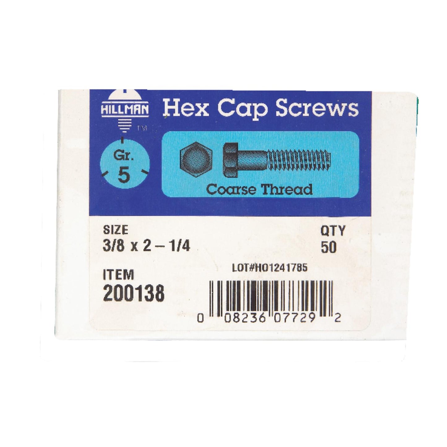 Hillman 3/8 in. Diameter x 2-1/4 in. Length Grade 5 Heat-Treated Zinc Steel Hex Head Cap Screws, Coarse Thread, 50-Pack