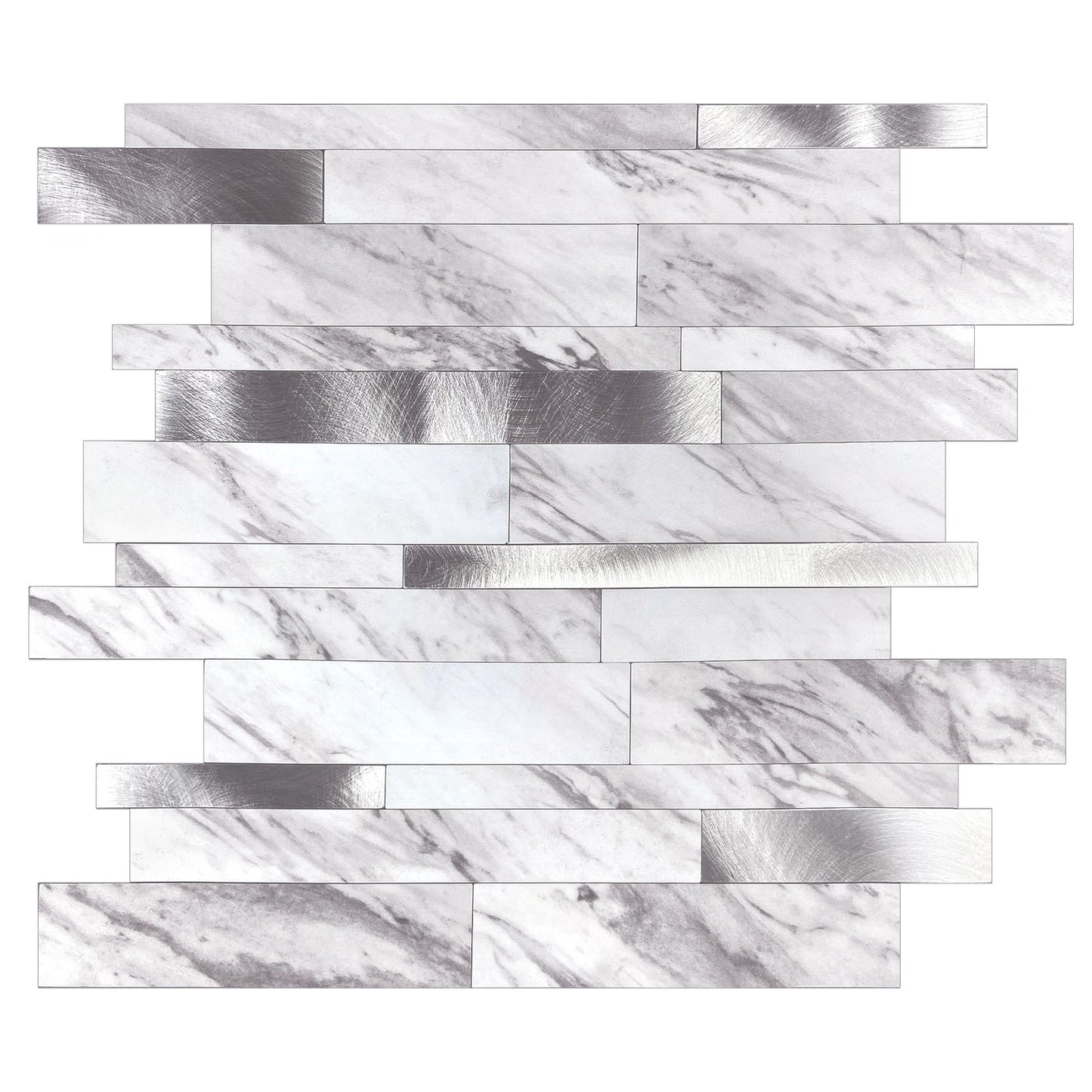 Murella Metal White carrera marble with silver metal accents 11-7/8-in x 11-7/8-in Multi-finish Metal Marble look Multi-shaped Peel and stick Mosaic Wall Tile product image