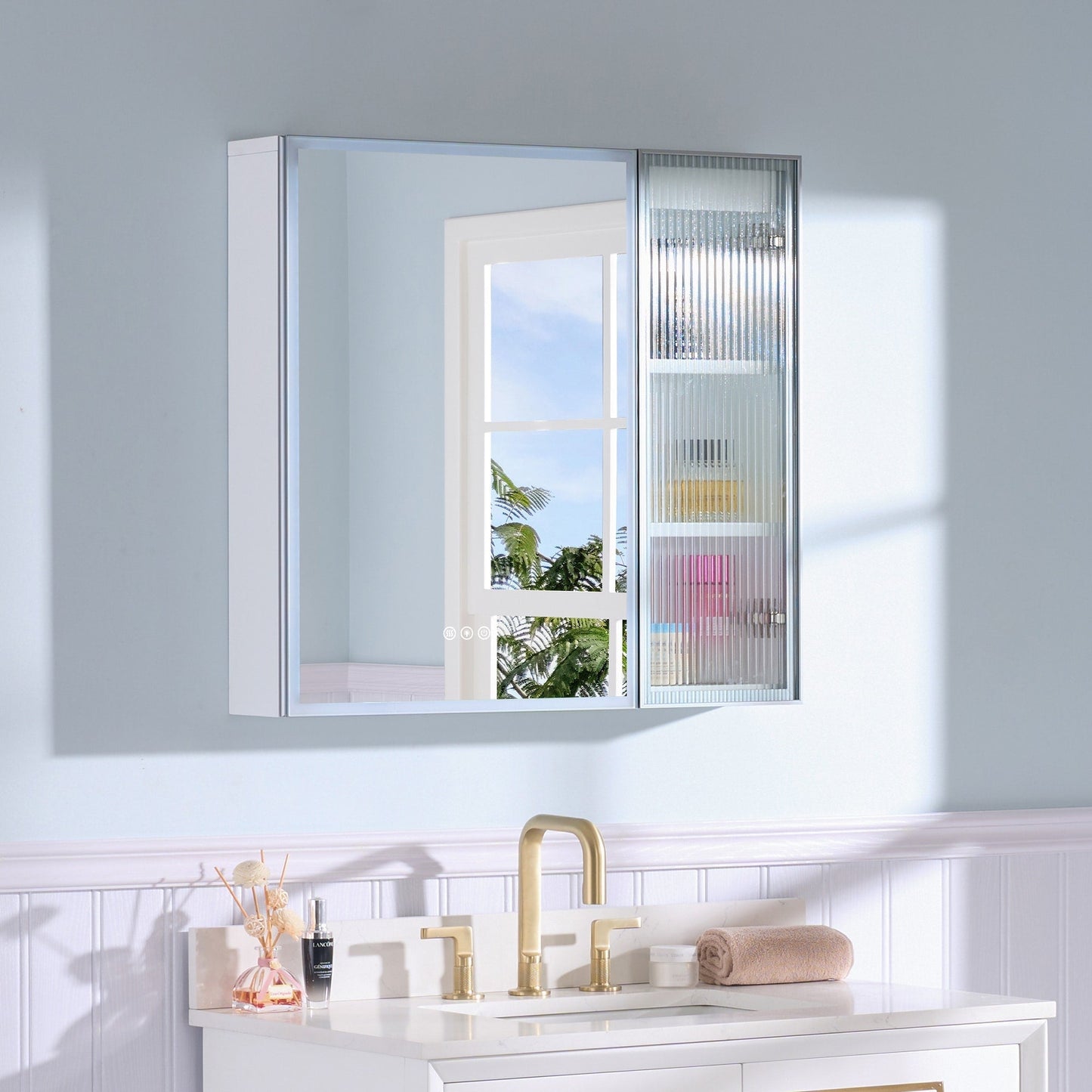 Forclover 30-in x 28-in Lighted LED Fog Free Surface Mount White Mirrored Soft Close Medicine Cabinet with Outlet