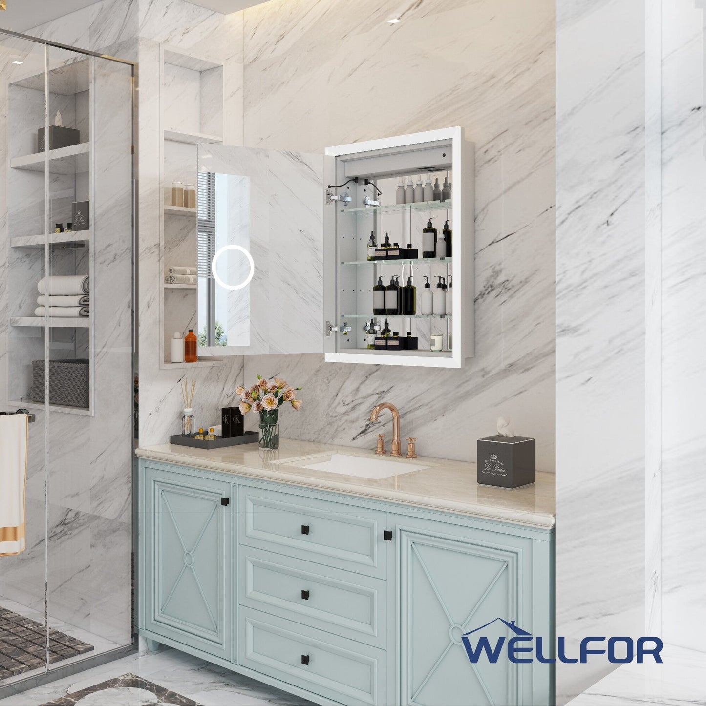 WELLFOR AURORA 24-in x 32-in Lighted LED Fog Free Surface/Recessed Mount Silver Mirrored Soft Close Medicine Cabinet