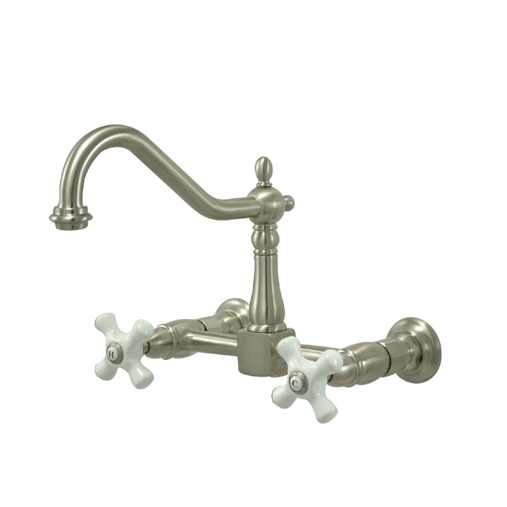 Elements of Design Brushed Nickel 2-Handle Wall-Mount Bridge Kitchen Faucet with Porcelain Cross Handles