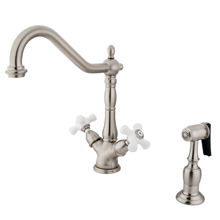 Elements of Design Satin/Brushed Nickel 2-Handle Deck-Mount Bridge Kitchen Faucet with Side Sprayer