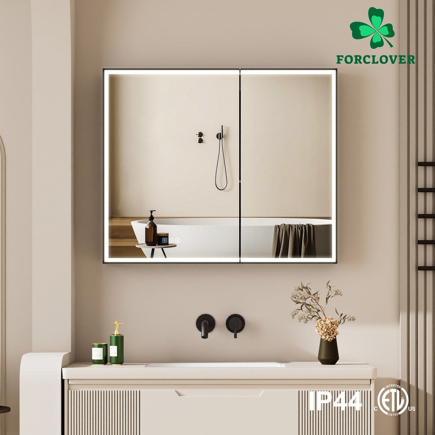 Forclover 36-in x 30-in Lighted LED Fog Free Surface/Recessed Mount Black Mirrored Soft Close Medicine Cabinet with Outlet