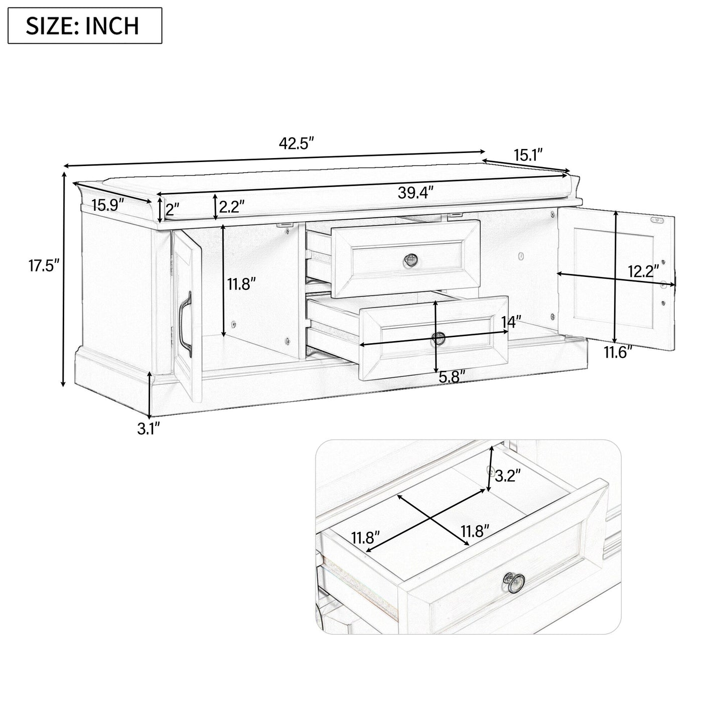 GZMR Storage Bench with 2 Drawers and 2 Cabinets Modern Navy Blue Storage Bench with Storage 42.5-in x 15.1-in x 17.5-in
