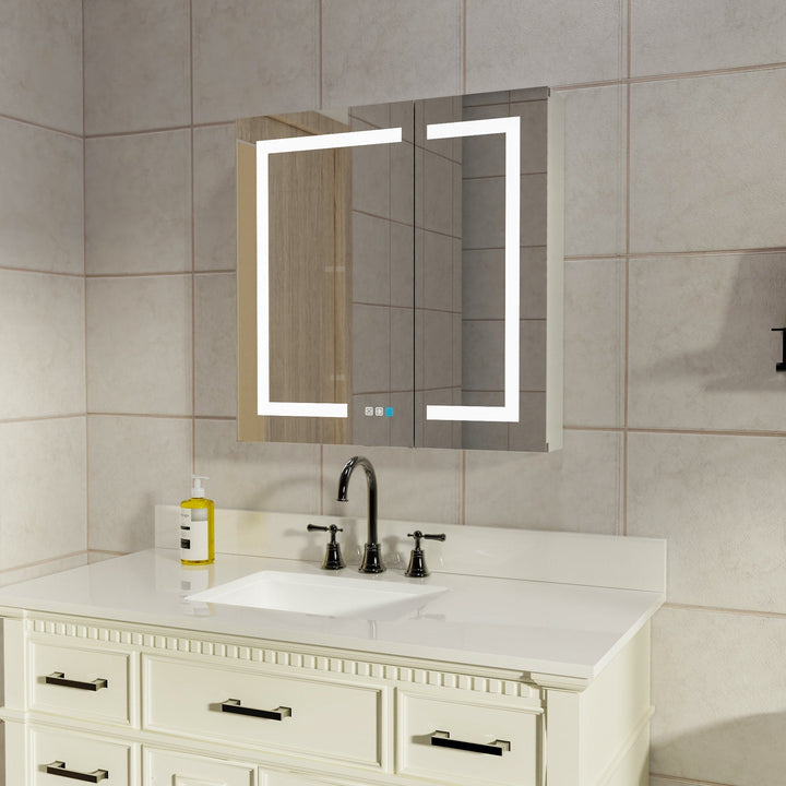 AAZJ V4 30-in x 30-in Lighted LED Fog Free Surface/Recessed Mount Silver Soft Close Medicine Cabinet