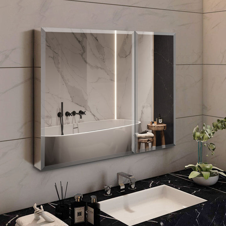 AAZJ 30-in x 26-in Surface/Recessed Mount Silver Mirrored Soft Close Medicine Cabinet