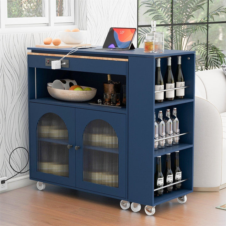 BABOOM Blue Mdf Base with Wood Top Rolling Kitchen Island (15.75-in x 56.3-in x 37.1-in)