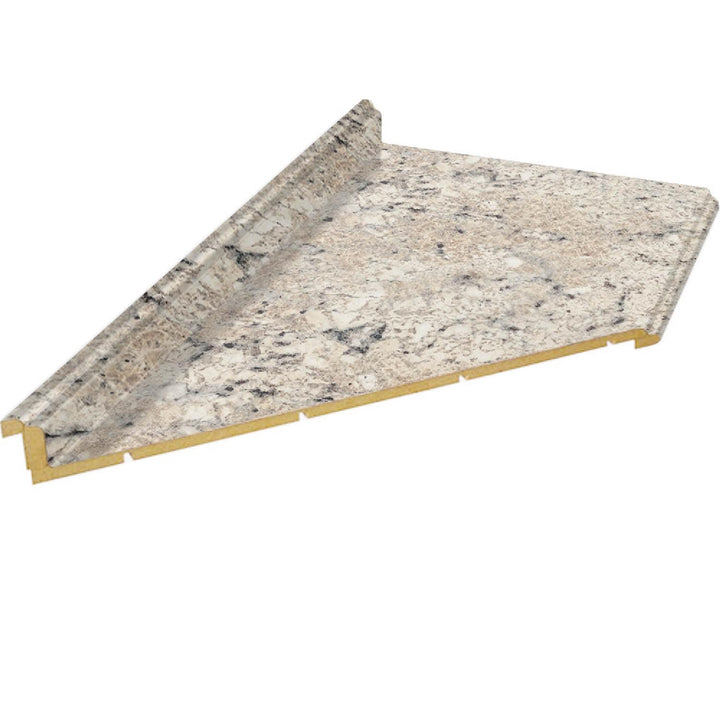 VT Dimensions Formica Etchings 10-ft Left-Hand Miter-Cut Laminate Countertop with Integrated Backsplash – Ouro Romano (120 in L x 25.5 in D x 4.5 in T)