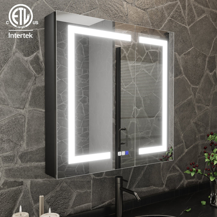 ExBrite 30-in x 30-in Lighted LED Fog Free Surface/Recessed Mount Matte Black Mirrored Soft Close Medicine Cabinet with Outlet