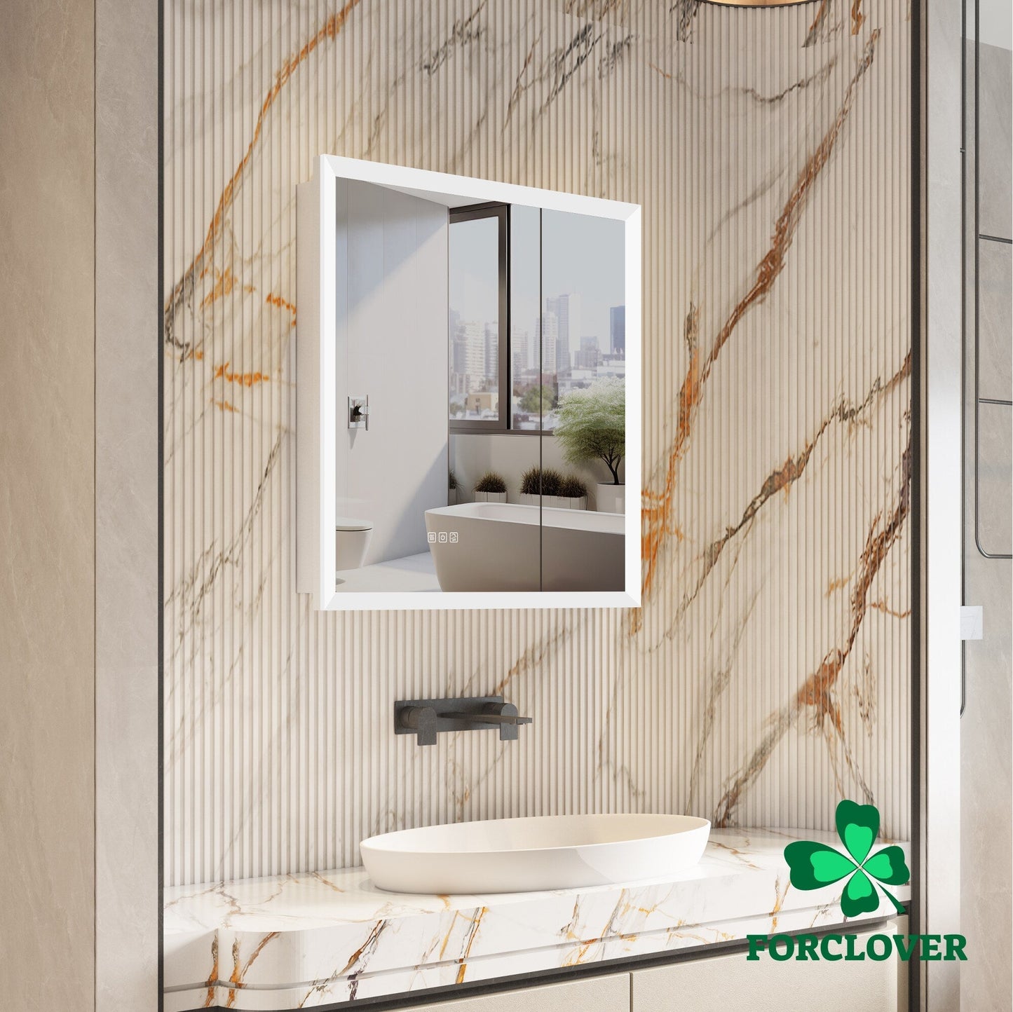 Forclover 30-in x 32-in Lighted LED Fog Free Surface/Recessed Mount Silver Mirrored Soft Close Medicine Cabinet with Outlet