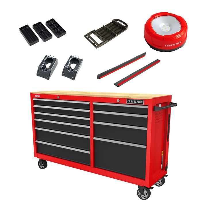 CRAFTSMAN 2000 Series 61.8-in L x 37.5-in H 10-Drawer Rolling Red Wood Work Bench with Power Strip and Accessories