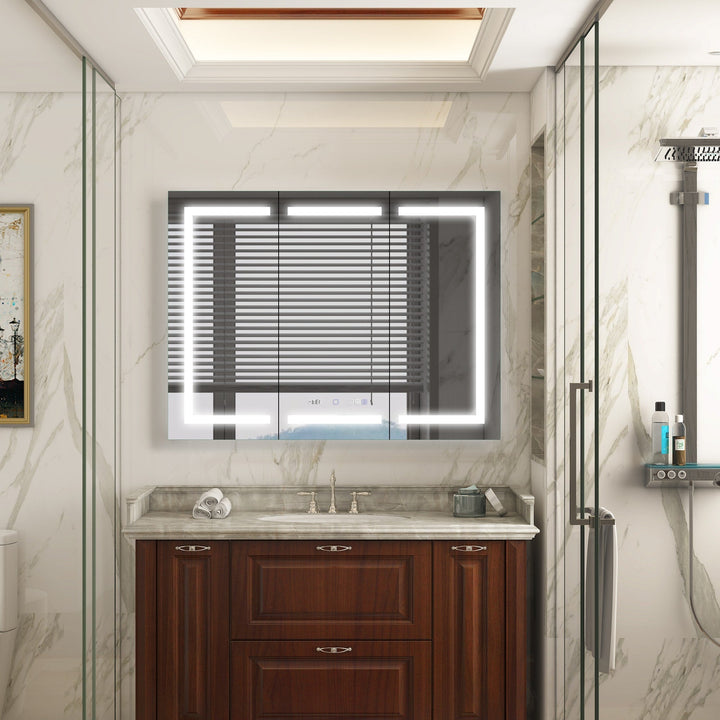 WELLFOR V11 48-in x 36-in Lighted LED Fog Free Surface/Recessed Mount Silver Mirrored Soft Close Medicine Cabinet with Outlet