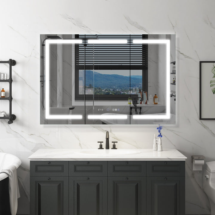 WELLFOR 54-in x 36-in Lighted LED Fog Free Surface/Recessed Mount Silver Mirrored Soft Close Medicine Cabinet with Outlet