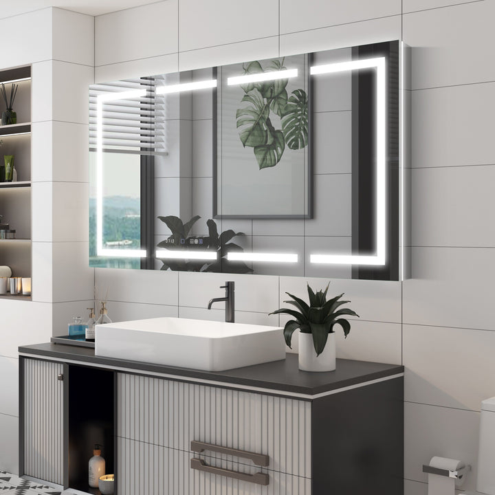 WELLFOR 60-in x 36-in Lighted LED Fog Free Surface/Recessed Mount Silver Mirrored Soft Close Medicine Cabinet with Outlet