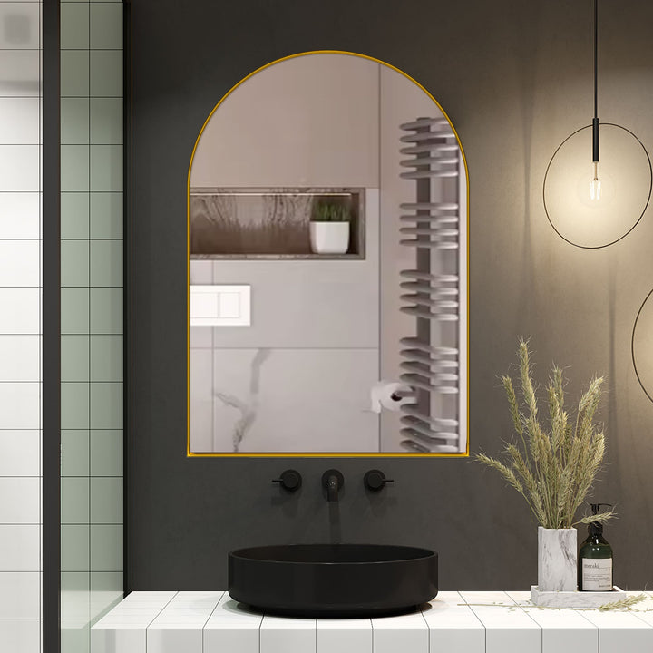 WELLFOR FS Medicine Cabinet 24-in x 36-in Surface/Recessed Mount Gold Mirrored Arched Soft Close Medicine Cabinet